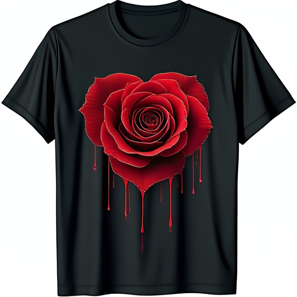 Vibrant Red Rose Graphic Black T-Shirt Passionate Design with Dripping Crimson