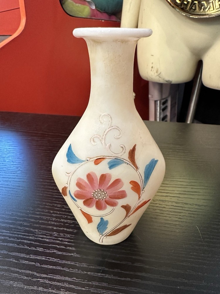 Hand-Painted Floral Glass Vase, White Pink Blue Brown, Signed, 4 in