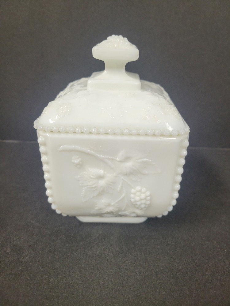 Vintage Westmoreland(?) Milk Glass Covered Candy Dish Paneled Grape Pattern