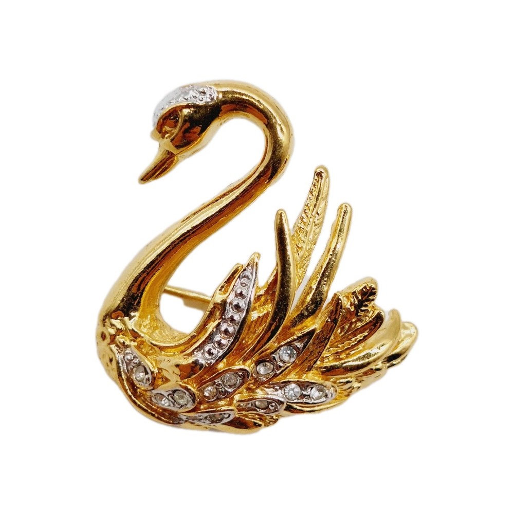 Marvella Swan Brooch Clear White Rhinestone Silver & Gold Tone Pin