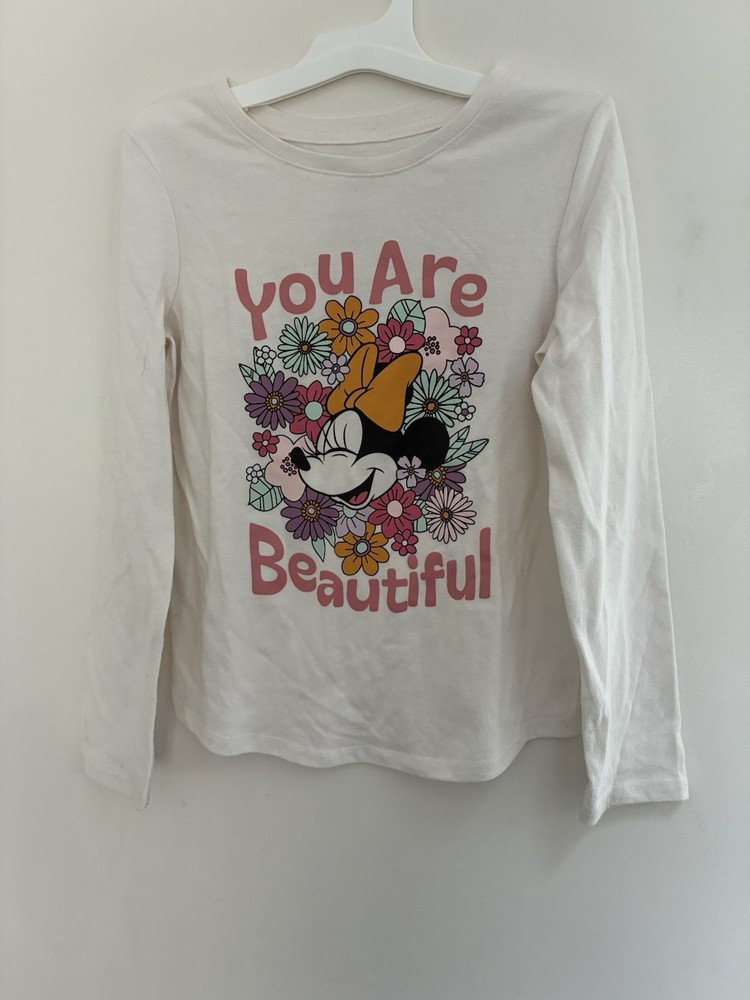 Disney Kids Girls Floral Minnie Mouse Cotton Blend Long Sleeve Shirt Cream Sz 7