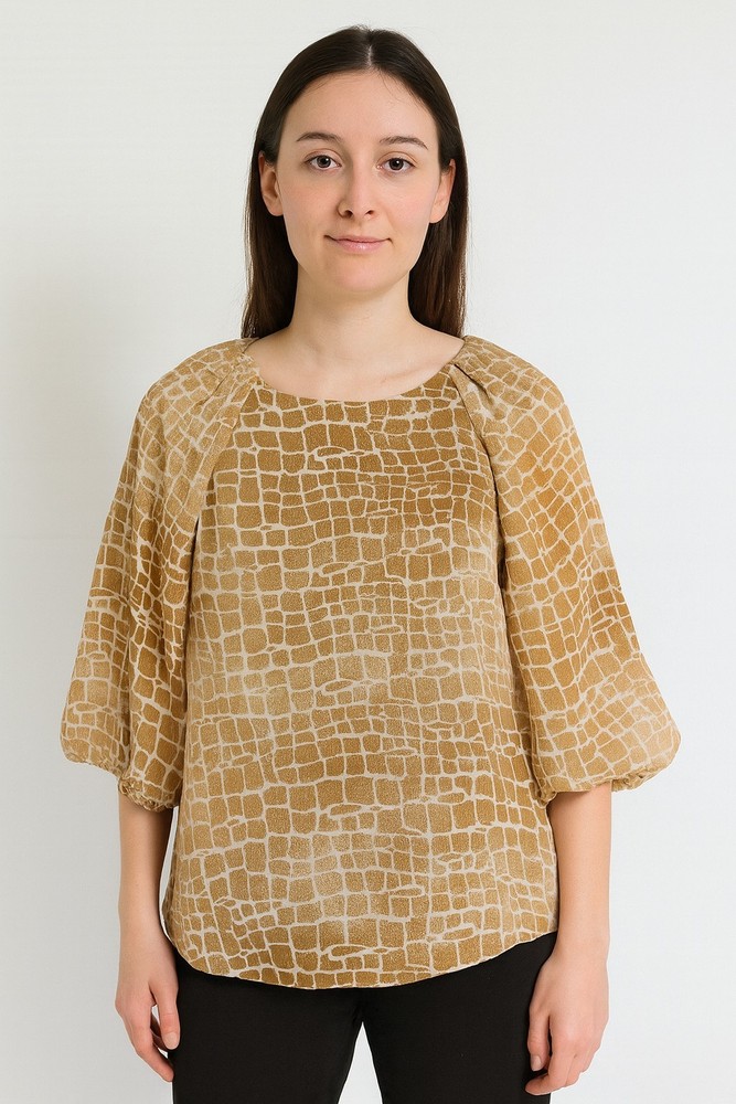 Calvin Klein Women’s Blouse SP Petite Small Brown Beige Animal Print Sheer Top
