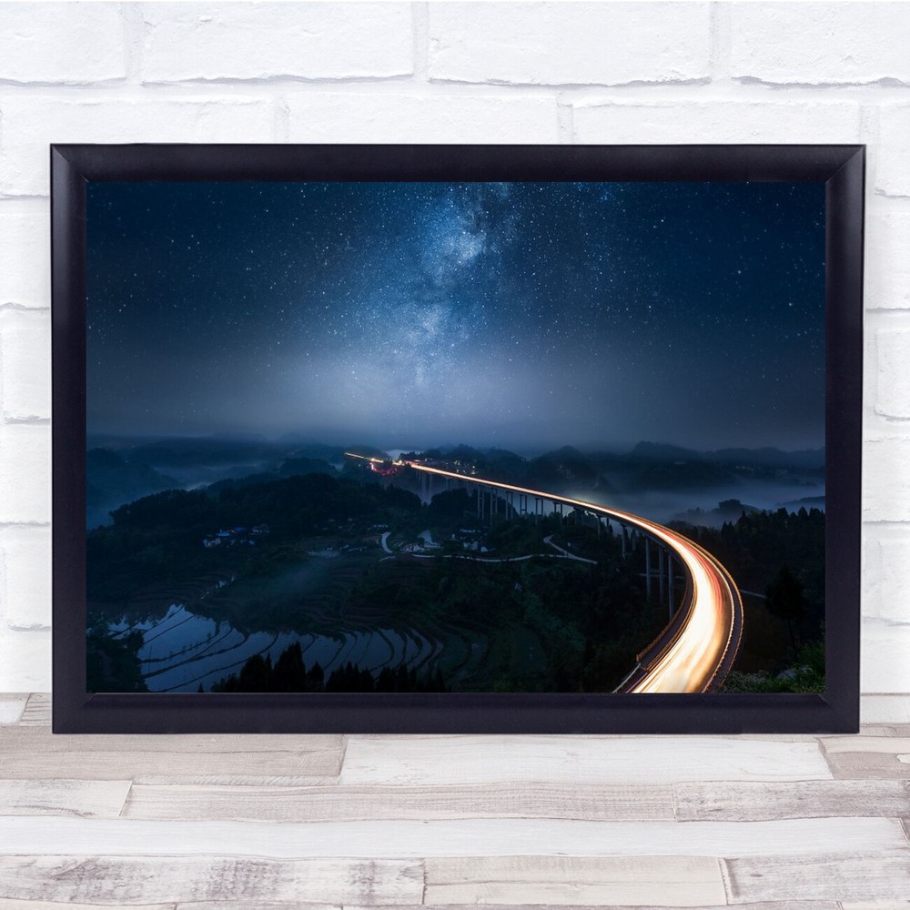 Aerial long exposure night highway countryside Wall Art Print