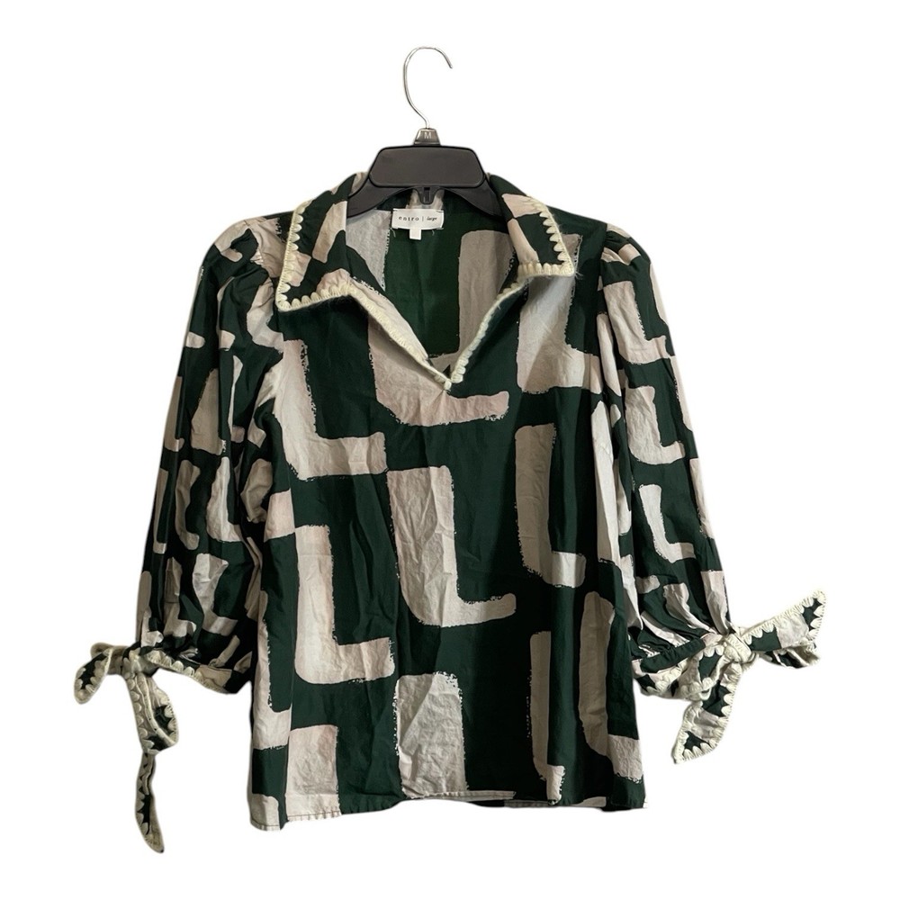 Entro Women's Large Green Top Puff Tie Sleeve Artsy Chic Whimsy Resort