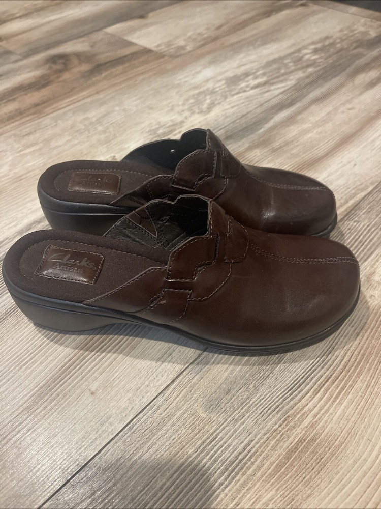 Clarks Womens Artisan Leather Slip-On Mule Clogs Size 8.5M Brown