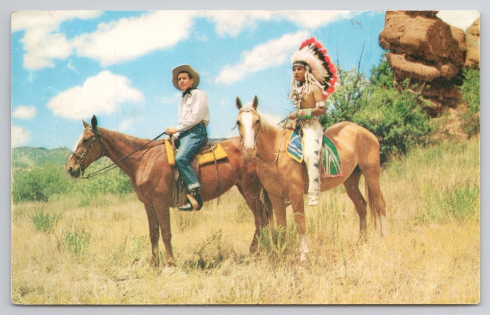 Vintage Postcard Cowboy & Native American Indian Headdress Colorado Horses