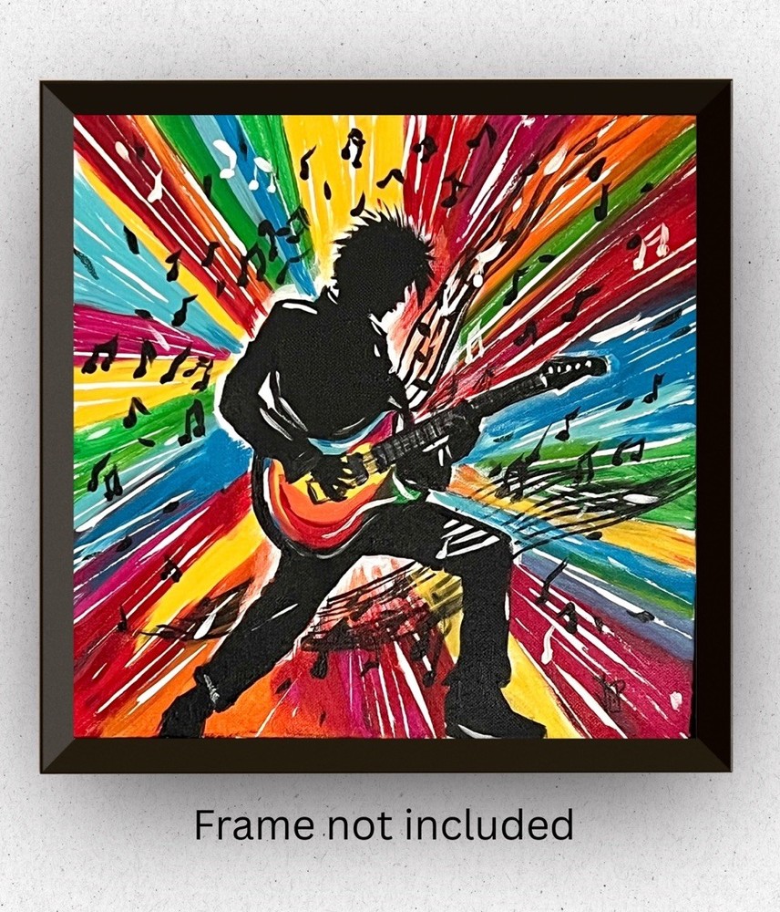 Rock Star Guitar Player Abstract Expressionist Art Acrylic 12x12” Canvas OOAK