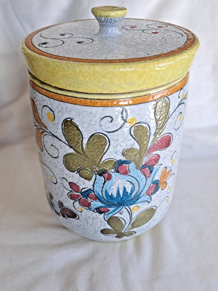 Vintage Italian Pottery Hand Painted Canister Jar With Lid 9.5