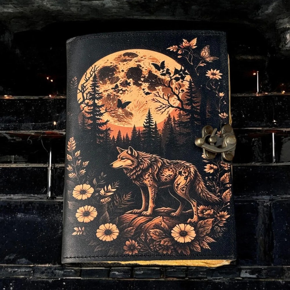 Gothic Leather Journal with Wolf Grimoire Print - Vintage Handmade Notebook