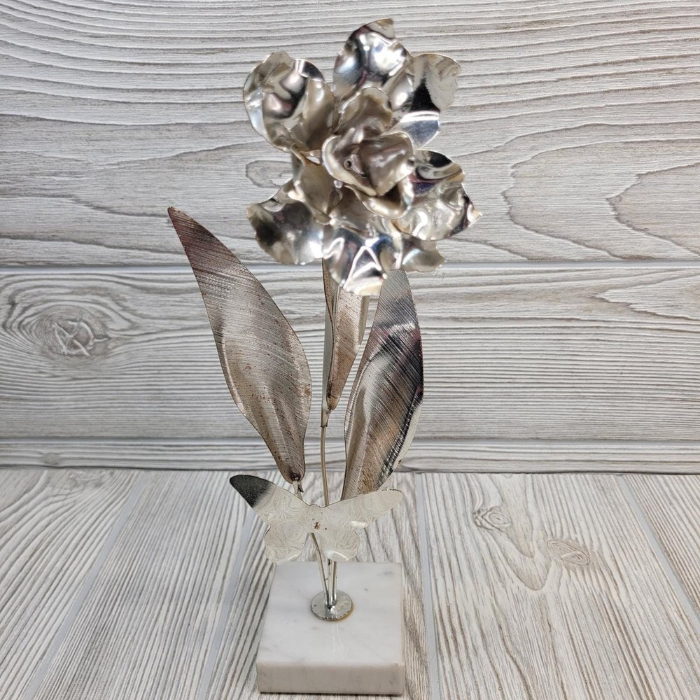Metalart Silver Flower Sculpture Butterfly Marble Base Made in Italy Vintage