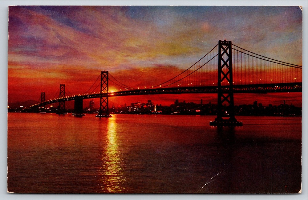 San Francisco California~Sunset View Of The Bay Bridge~PM 1958~Vintage Postcard