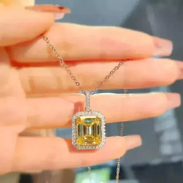 3.0Ct Lab-Created Emerald Cut Citrine Halo Pendant in 14K White Gold
