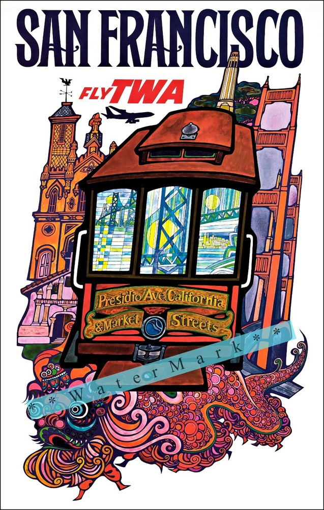 San Francisco California 1960 Cable Car Vintage Poster Print Retro Travel Art