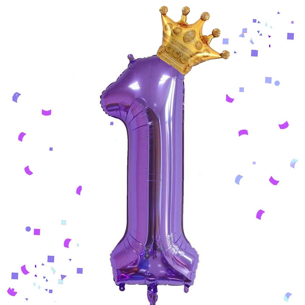 40 Inch Purple Number 1 & Mini Crown Balloon for Birthday Party, 1st Birthday...
