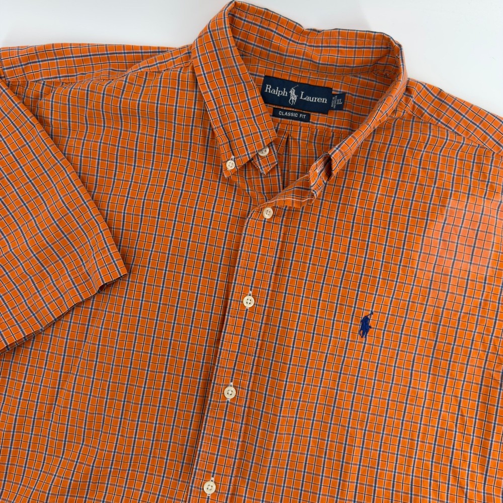Ralph Lauren Mens XL Classic Fit Short Sleeve Button Down Shirt Orange Plaid