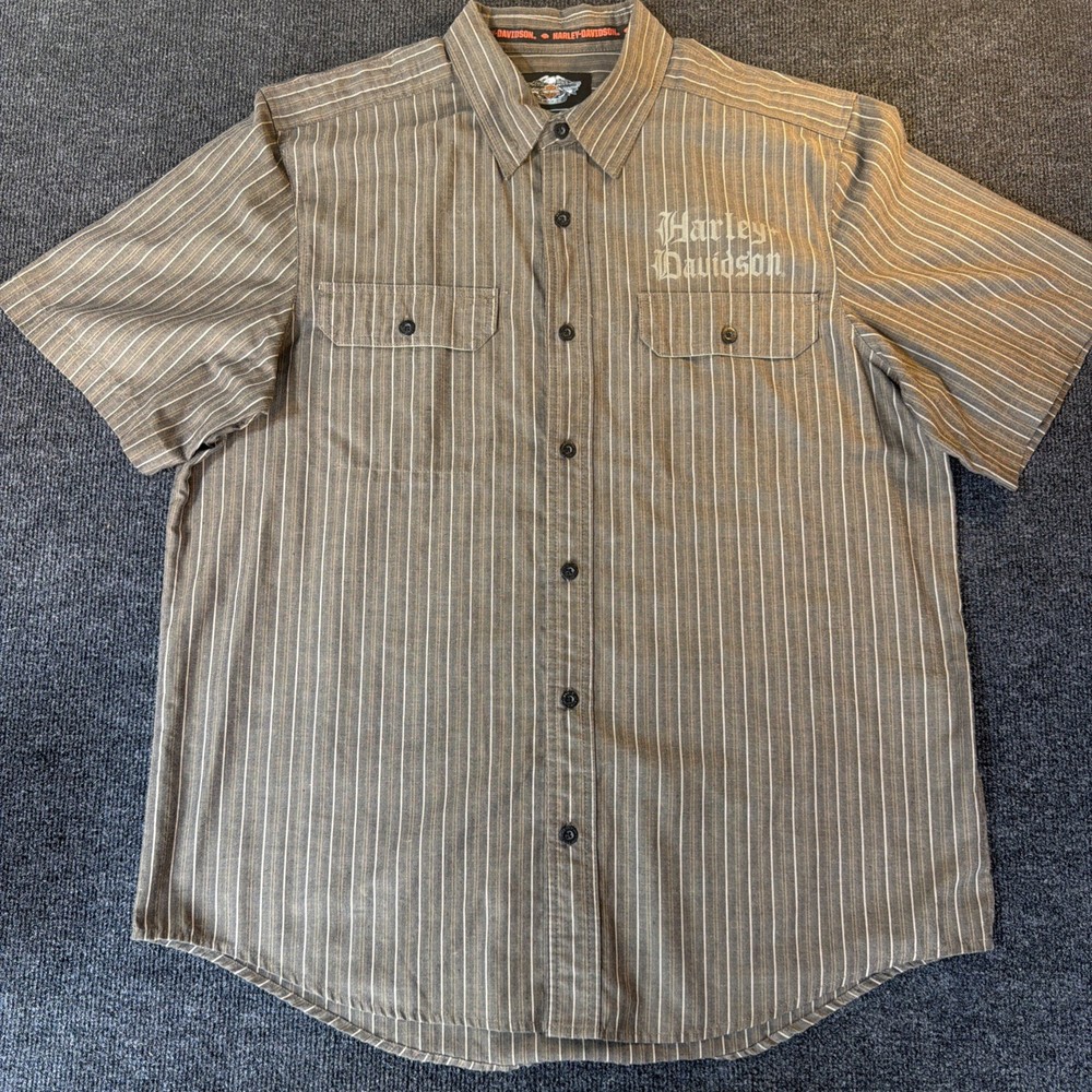 Harley Davidson Button Up Shirt Mens XL Pinstriped Garage Mechanic Brown Logo