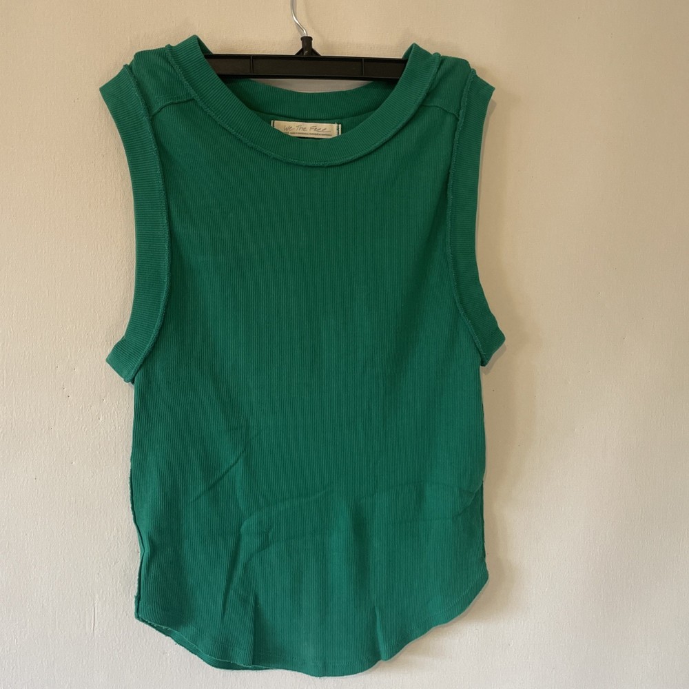 We The Free Women Sz L Golf Green Ribbed Casual Crew Neck Kate Tank Top NWOT