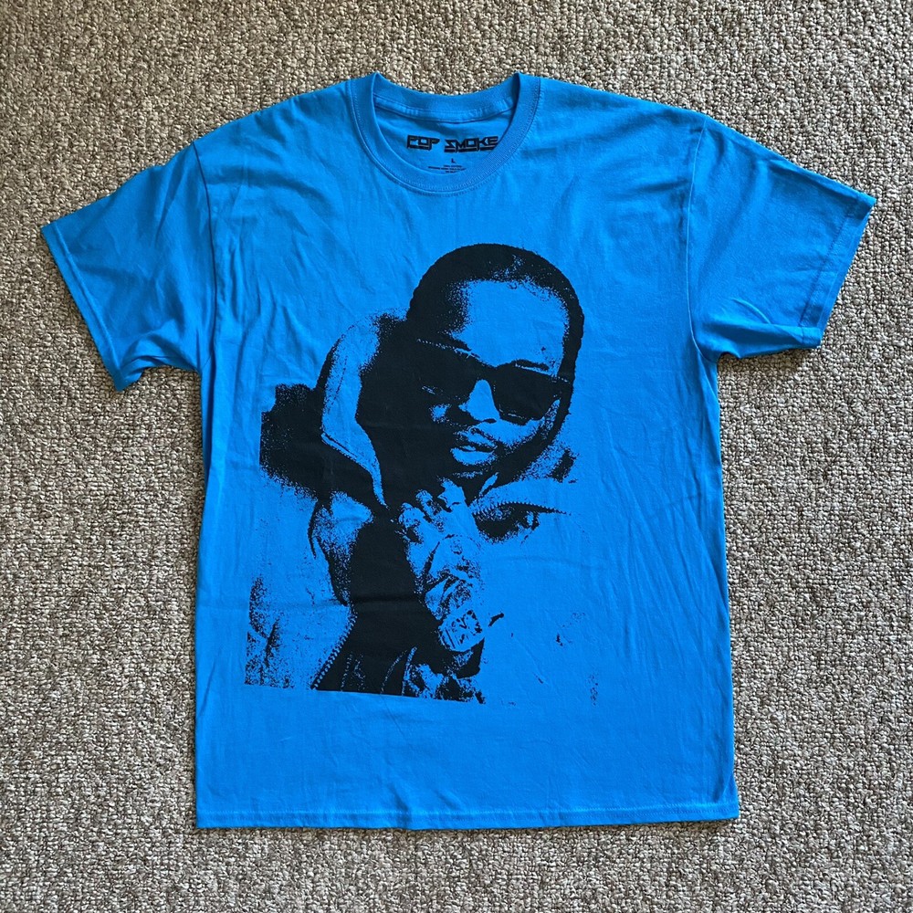 Pop Smoke T Shirt Mens Large L Blue Short Sleeve King of New York Big Face Rap