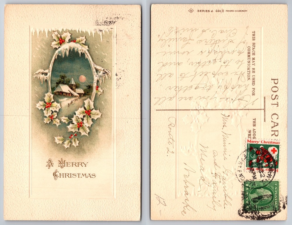 Snowy Cottage Holly Merry Christmas Postcard
