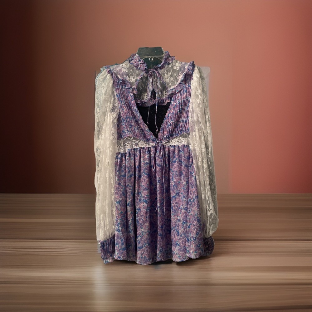 NWT Purple For Love And Lemons Floral Blue, Purple White Mini Dress Sz Small