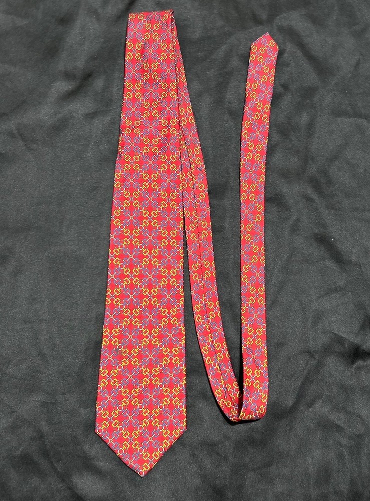 Vtg Saks Fifth Avenue Neck Tie Men’s Red Geometric Multicolor Silk Art Deco USA