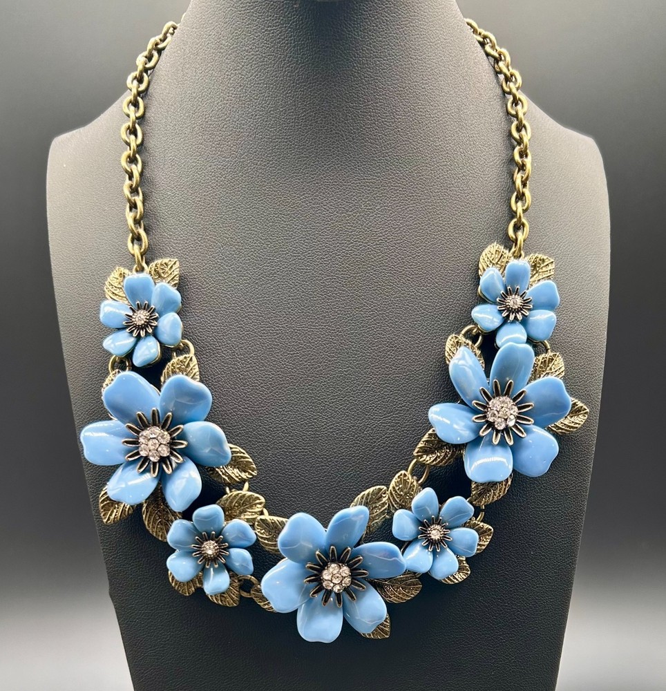 Vtg Joan Rivers Enamel Flower Statement Bib Necklace Corn Flower Blue  Gold Tone