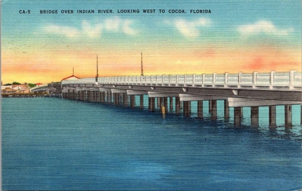 Vintage 1950 Linen Postcard: Bridge Over Indian River, Cocoa, Florida