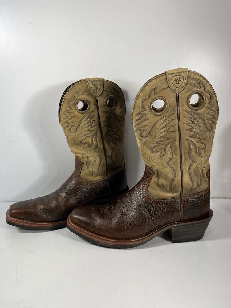 ARIAT HERITAGE BROWN & TAN LEATHER SQUARE TOE COWBOY BOOTS #34828 MENS SIZE 9.5D