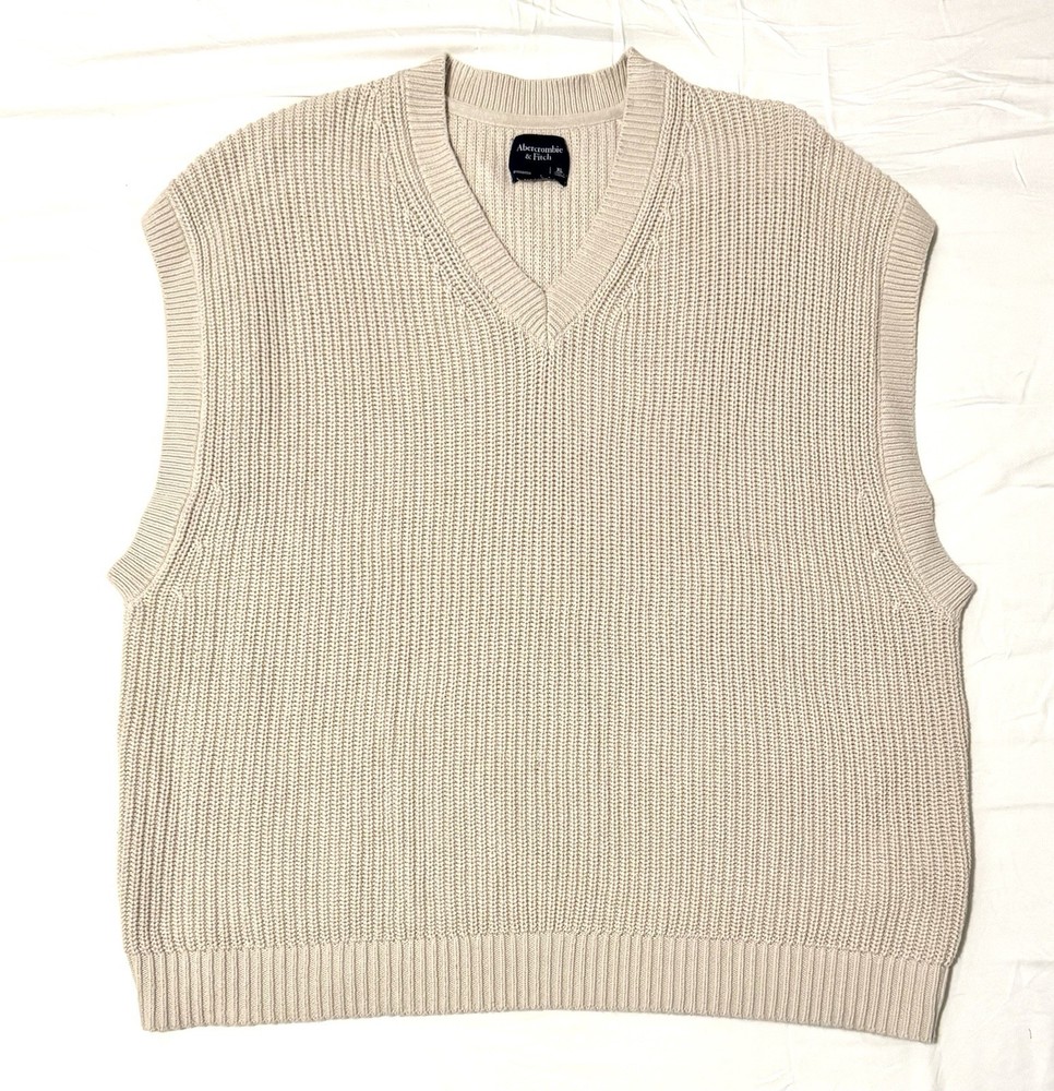 Abercrombie & Fitch Men’s Beige Knit Sweater Vest V-Neck Textured XL Relaxed Fit