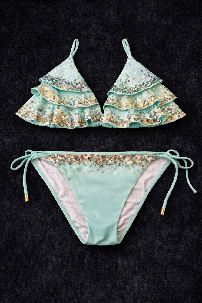 Vintage '11 Victoria's Secret VS Gold Label Sequin Ruffles Green Bikini Set XS