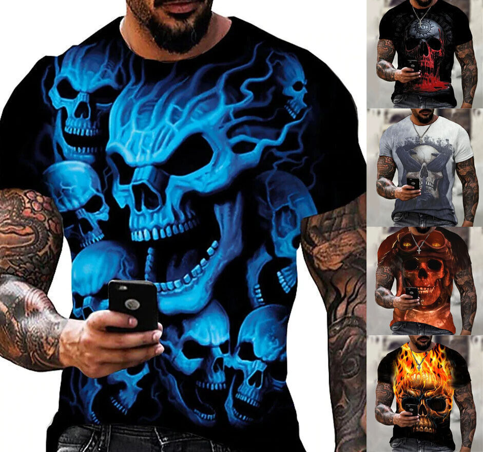 Skull Design Mens Graphic T-Shirt Short Sleeve Print Tee Top O Neck