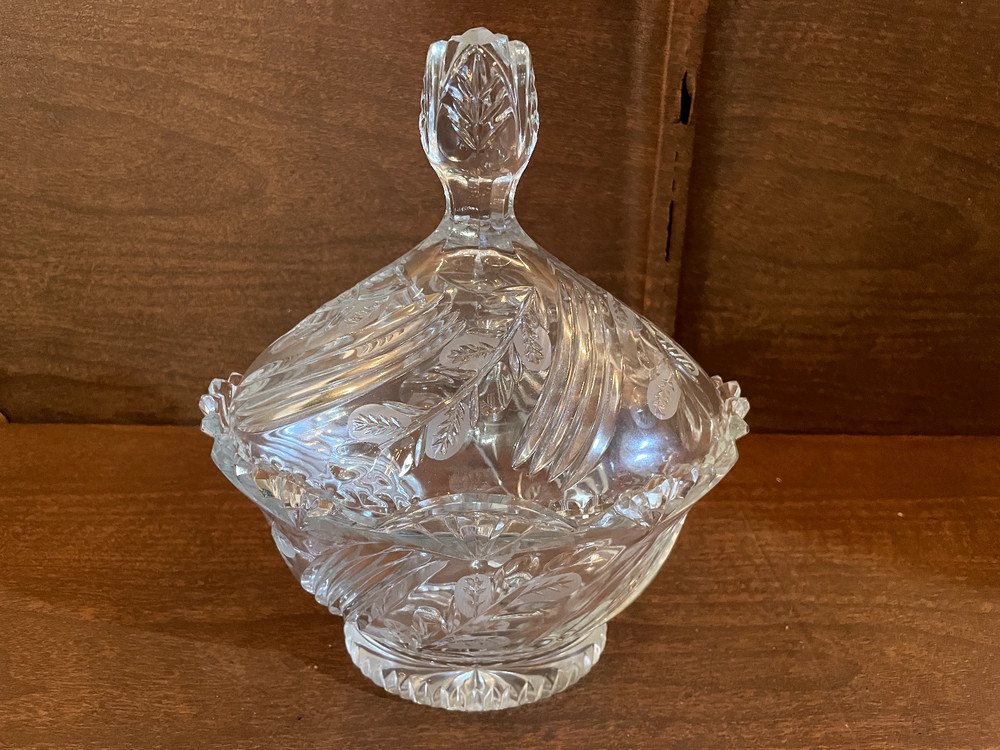 vintage cut glass candy dish with lid