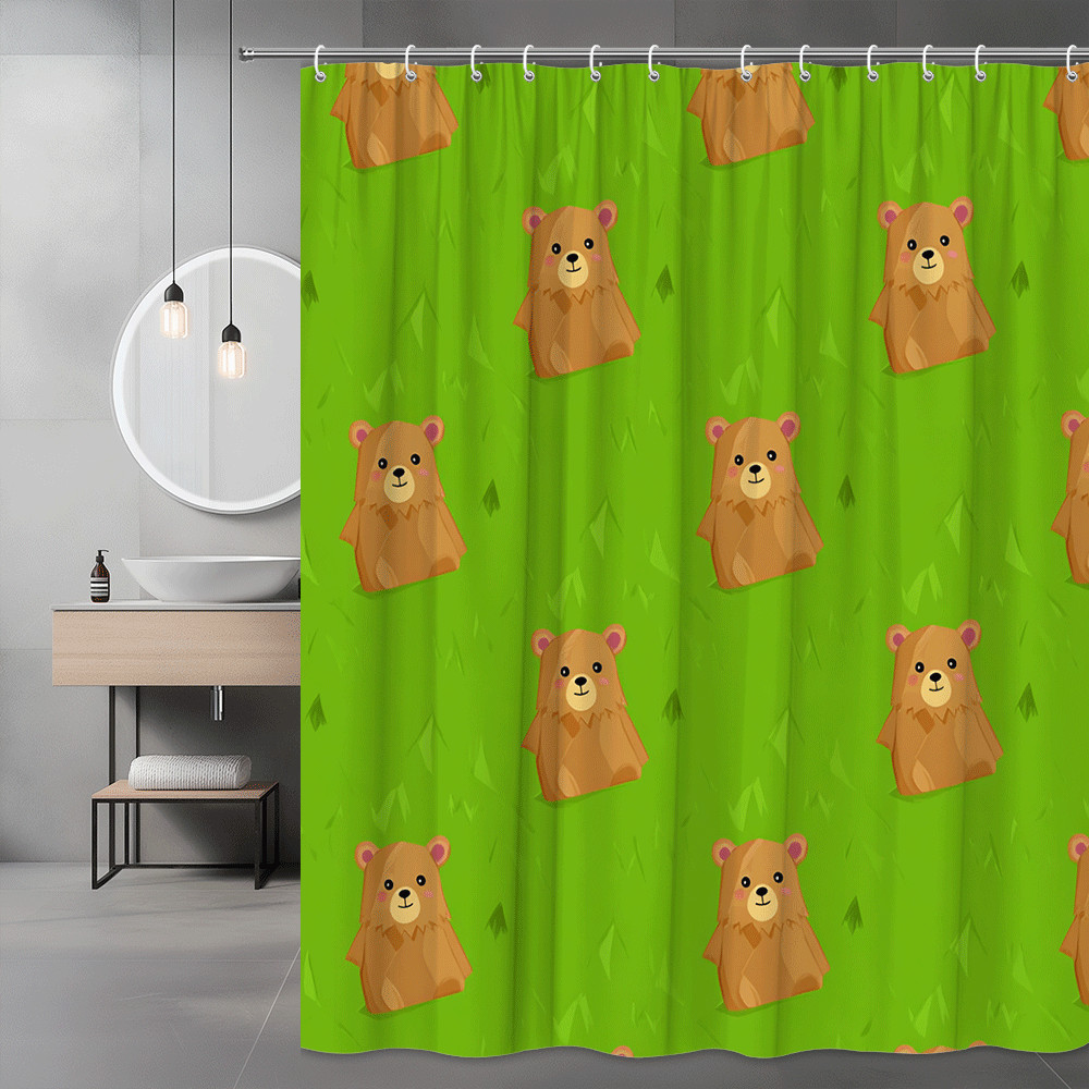 Bear Shower Curtain Green Cartoon Animal Print