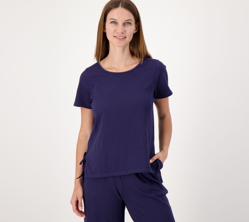 Cuddl Duds Women's Top Sz XL Crinkle Jersey Short Sleeve Side Tie Blue A593292