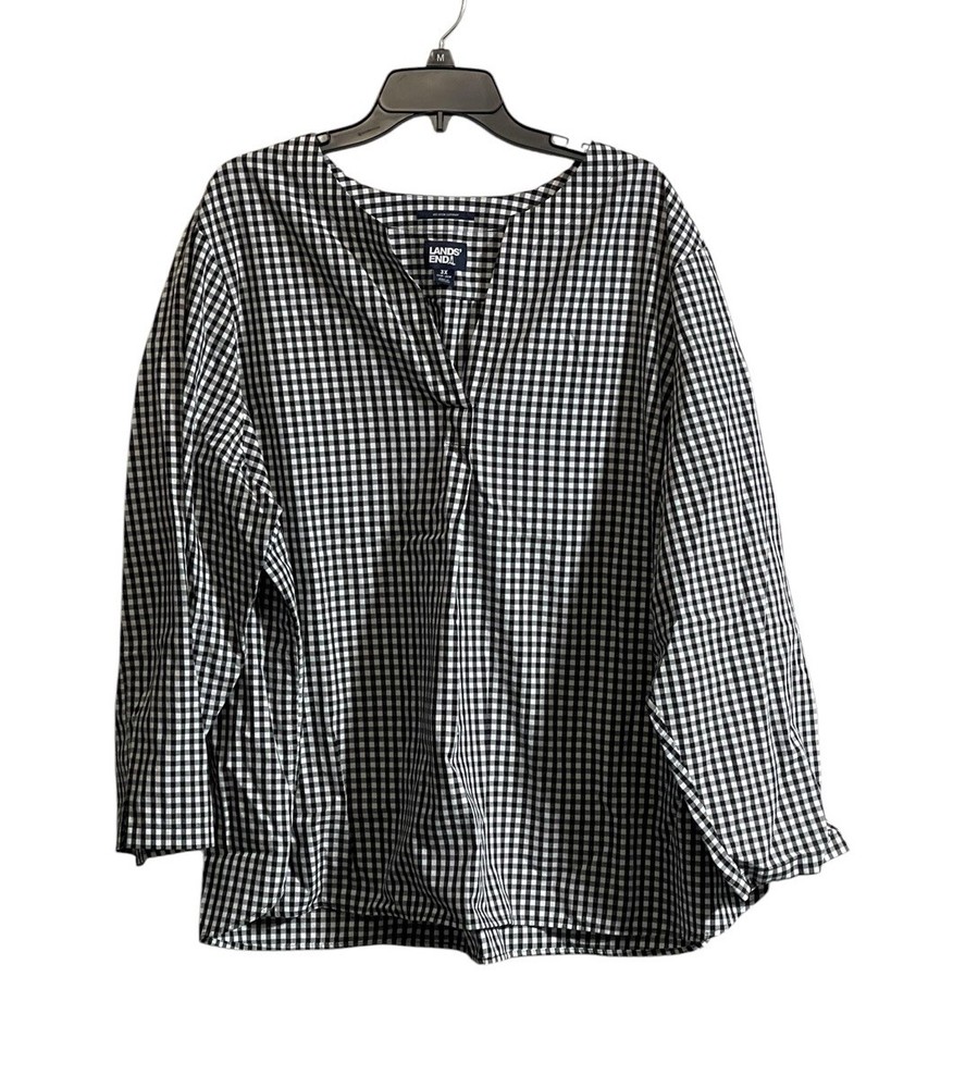 Lands End Sz 3x No Iron Supima Gingham Checkered Popover Top Black & White