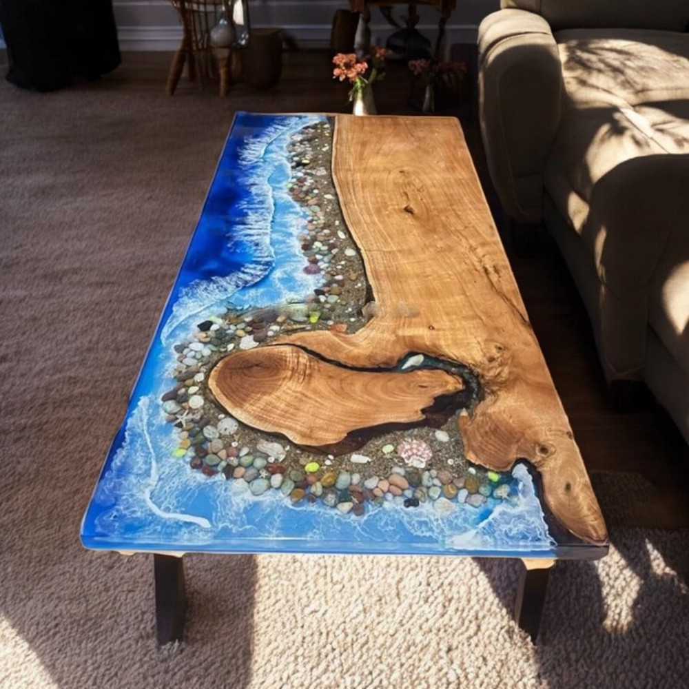 Acacia Wood Epoxy Resin River Dining Table with Ocean Wave Design-image