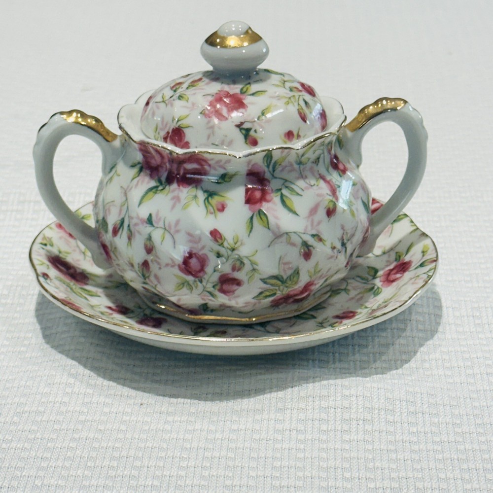 Lefton Retired Pink Rose Chintz Sugar Bowl with Lid & Saucer Hand Painted 1953