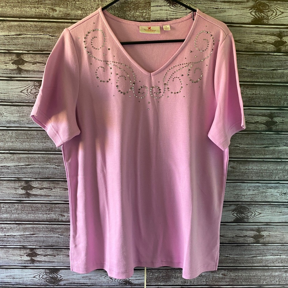 Quacker Factory Women's Short-Sleeved Top Size L Purple-Pink Embellished V-Neck