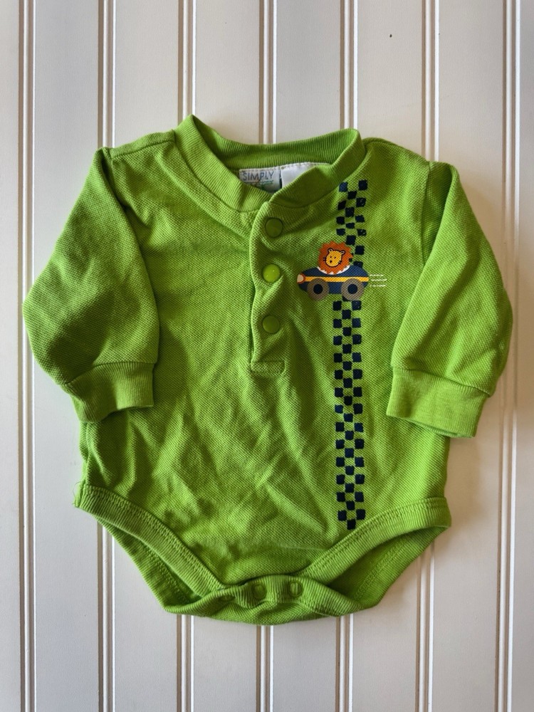Vintage 0-3 Months Boys Green Lion Race Car Long Sleeve