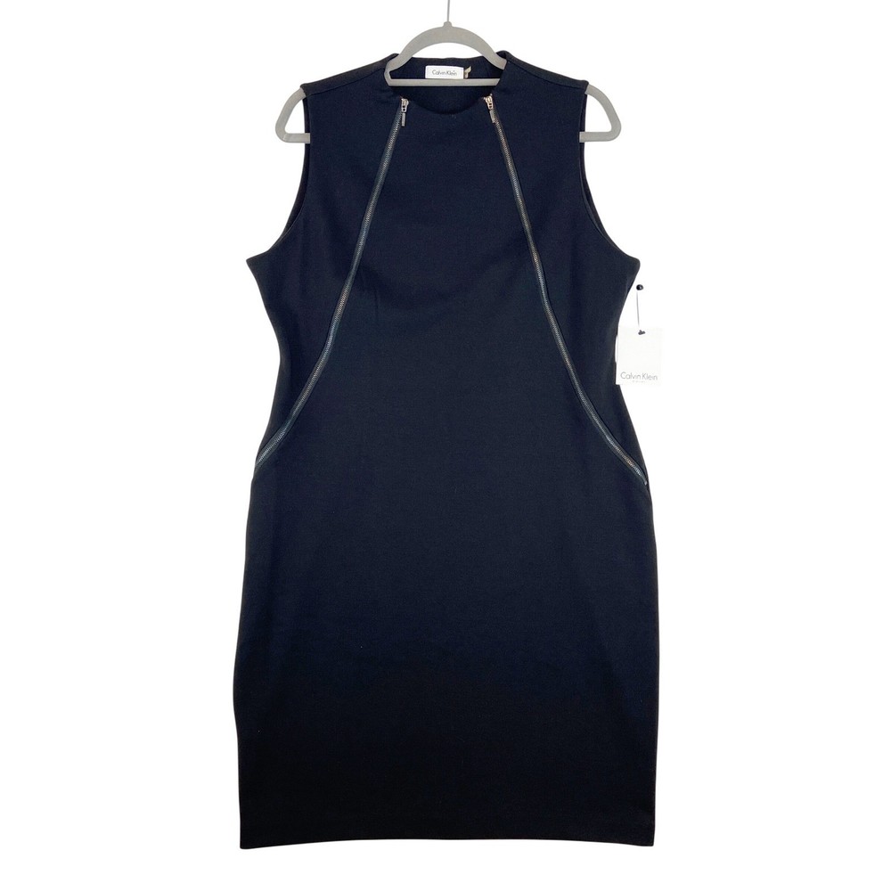 Calvin Klein Sheath Dress Women's Sz 14 Black Sleeveless Zipper Detail LBD
