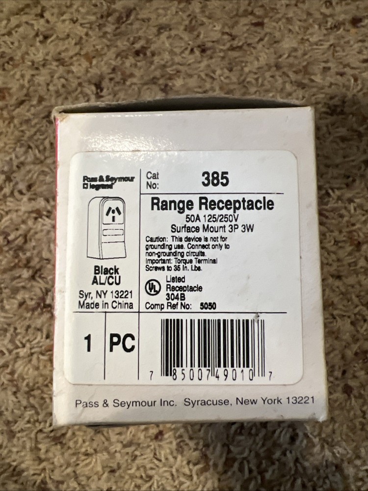 NOB Pass & Seymour Legrand 385 Range Receptacle 50A 125/250V Surface Mount 3P 3W