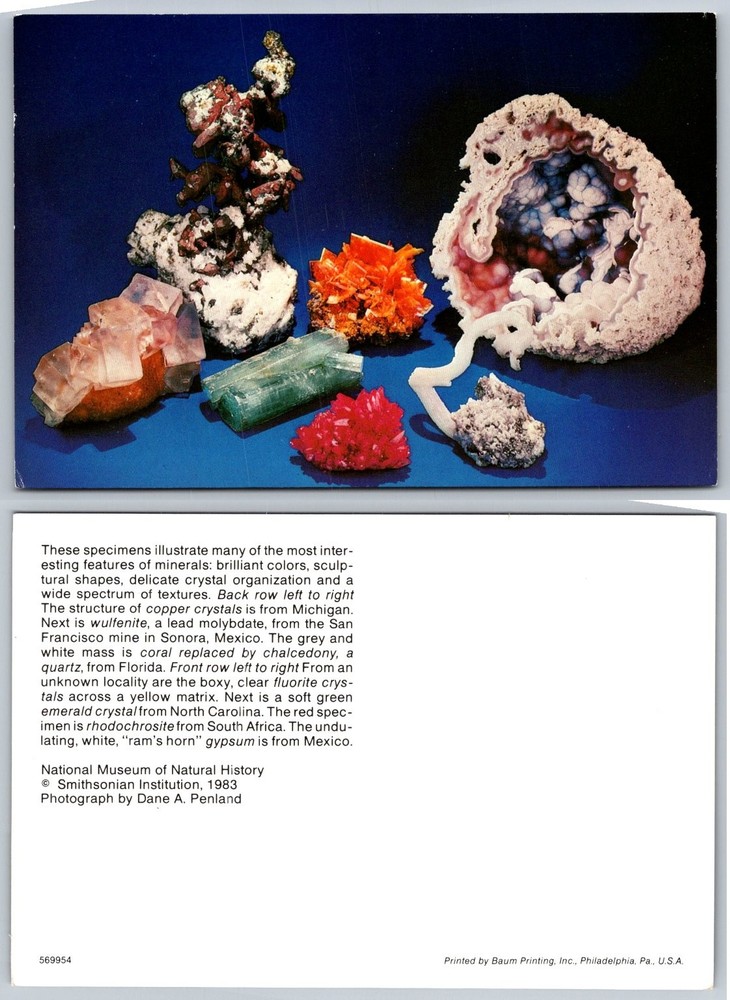 Minerals Gems Crystals Smithsonian Natural History Museum Postcard 1983