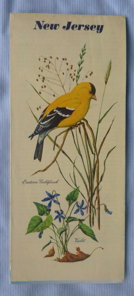 1965 New Jersey road map Chevron oil gas Hy Finn Eastern Goldfinch bird cover