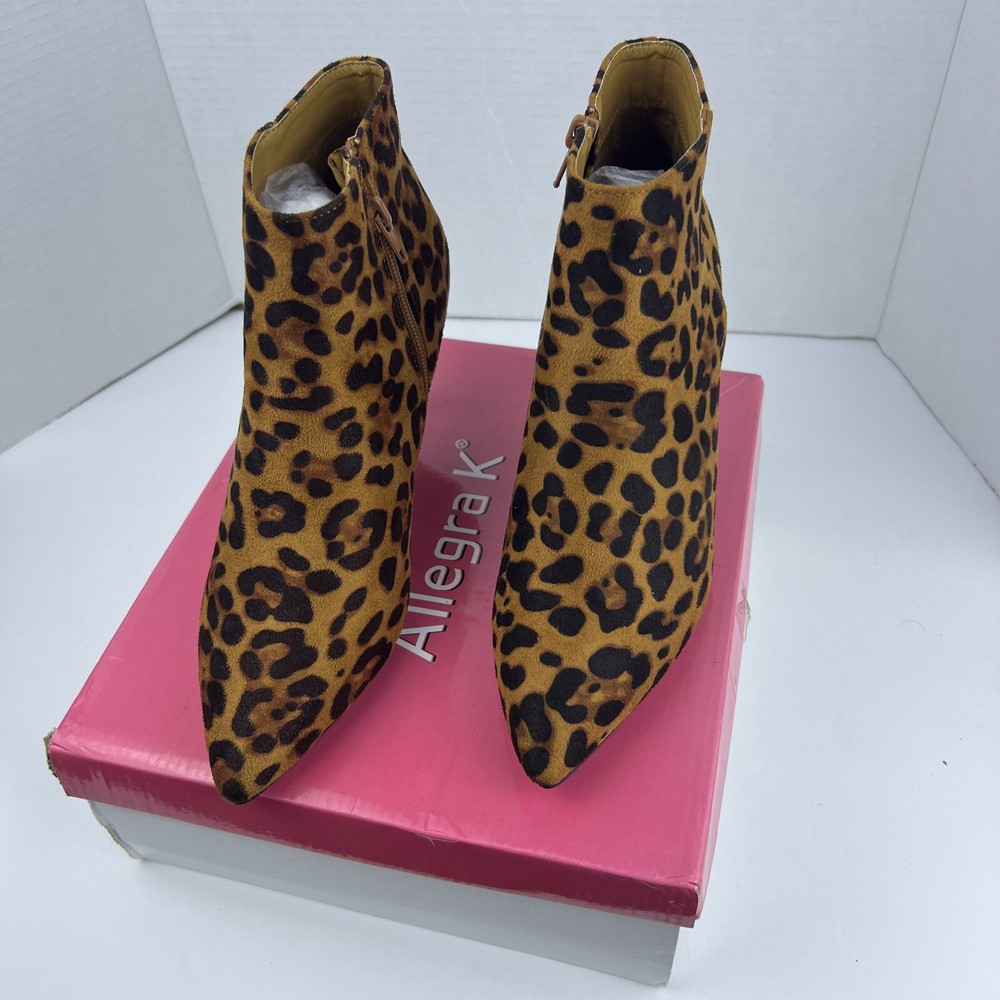 Allegra K Women's Leopard Print Pointed Toe Ankle Booties with Zip Stiletto Heel Size 8