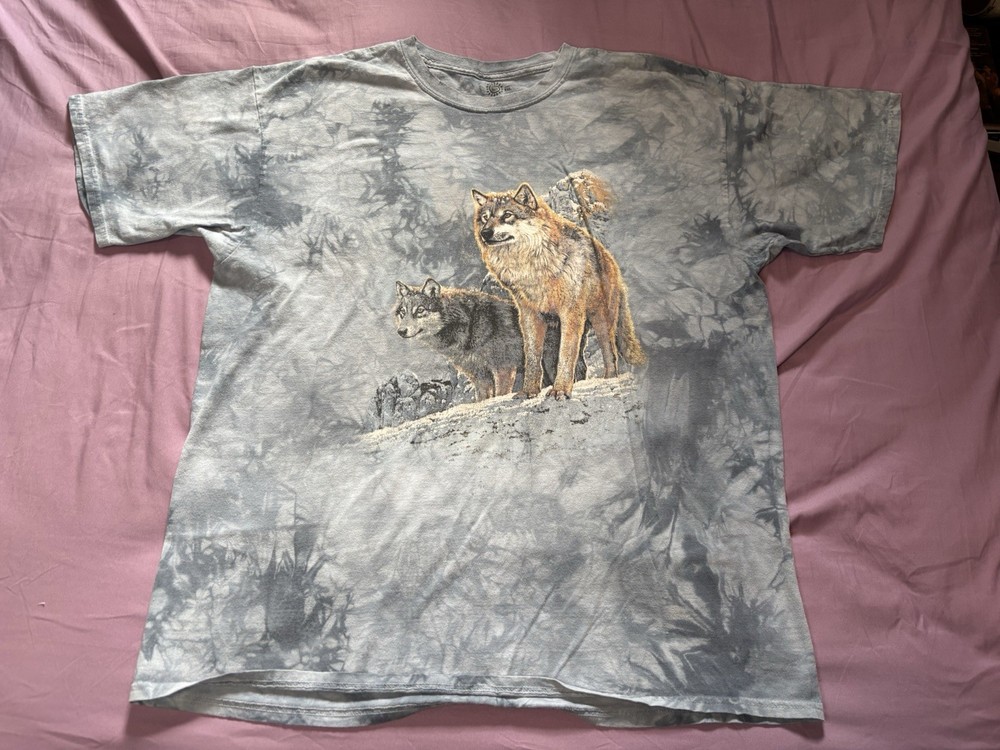 The Mountain Wolf Shirt Mens 2XL XXL Blue Tie Dye Short Sleeve Wolves Pack