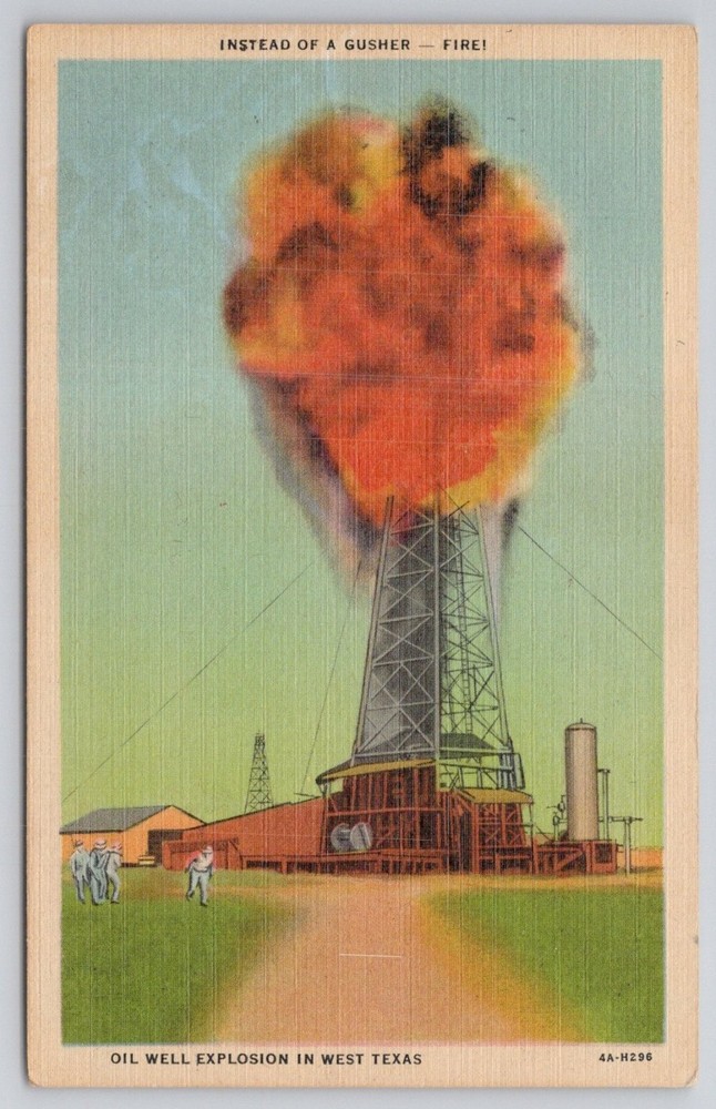 Vintage West Texas Oil Well Explosion Fire Linen Postcard Curt Teich 1940s