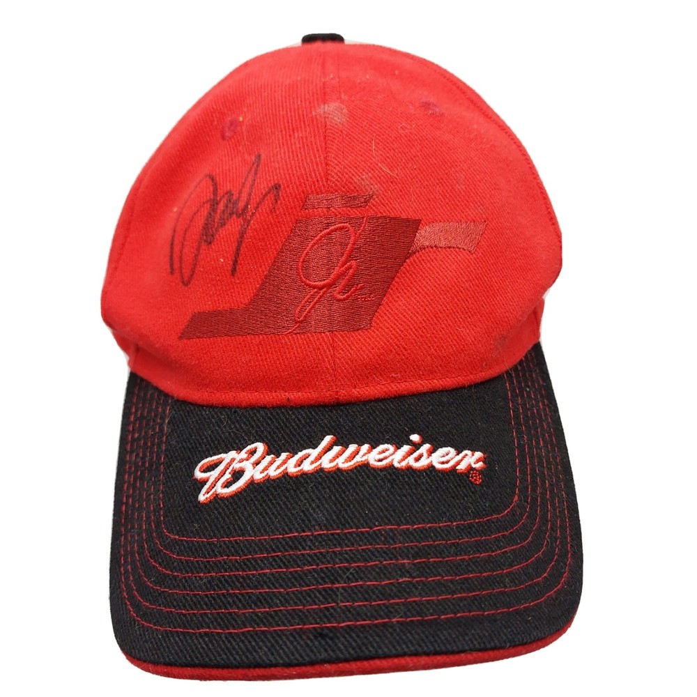 Budweiser Cap NASCAR Dale Jr. #8 Racing Strapback Red Cotton autographed Read