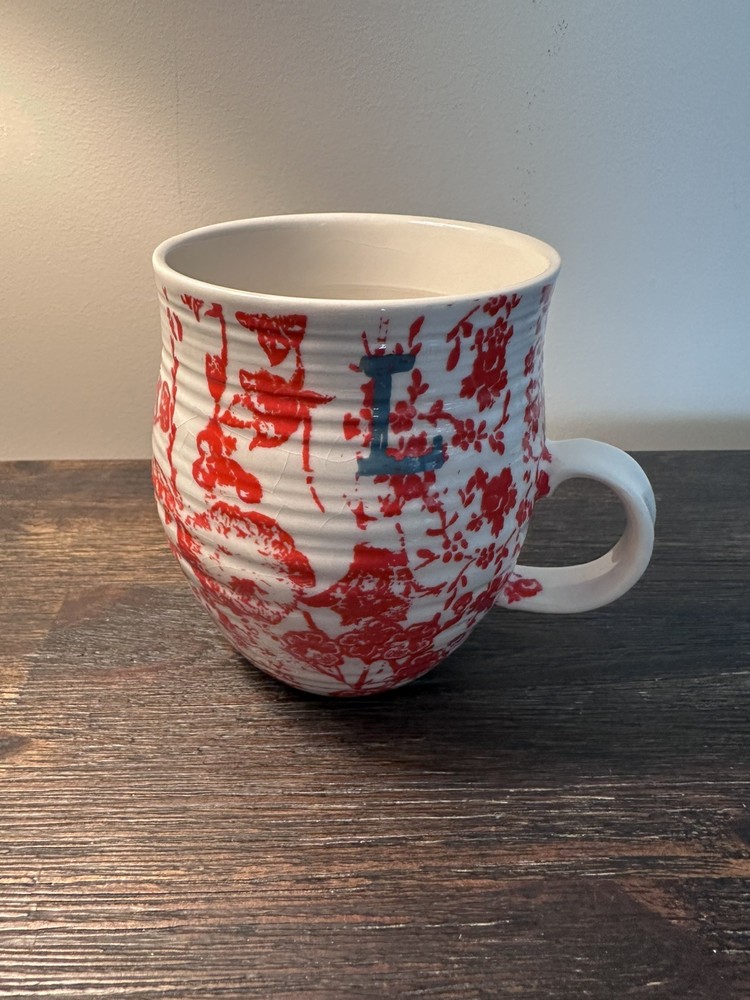 Anthropologie Homegrown Coffee Mug L Monogram Initial Floral Red White Farmhouse