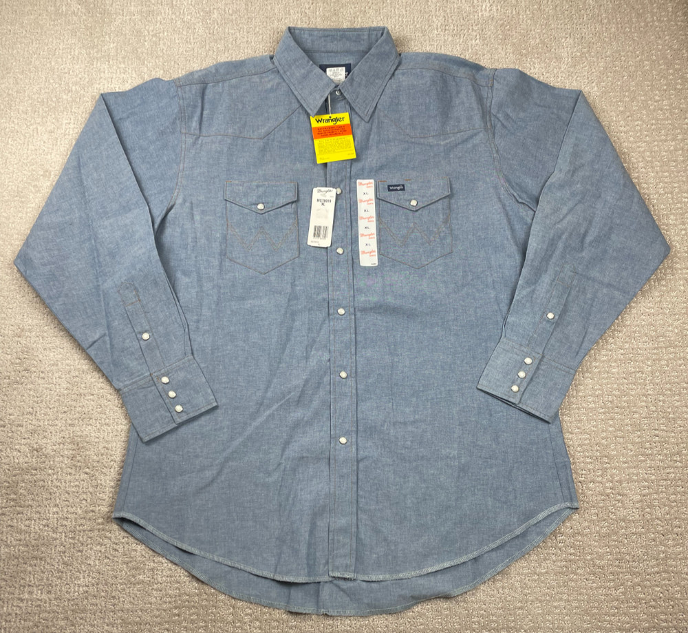 NWT Wrangler Western Shirt Mens XL Blue Chambray Pearl Snap Long Sleeve Cowboy