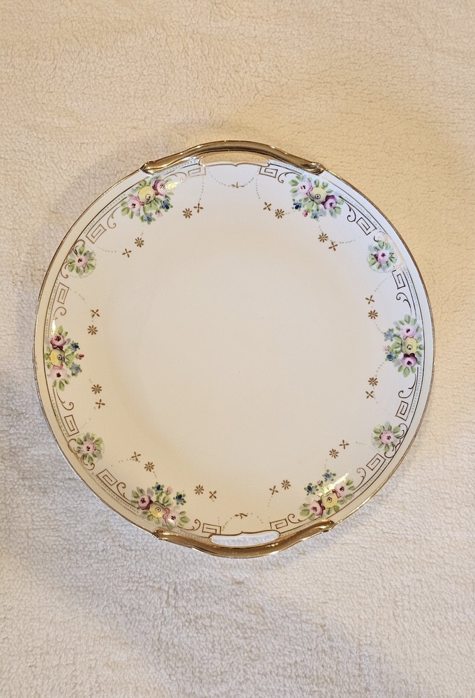 Nippon Hand-painted Gold Accented Handled Cake Plate Blue Rising Sun Mark